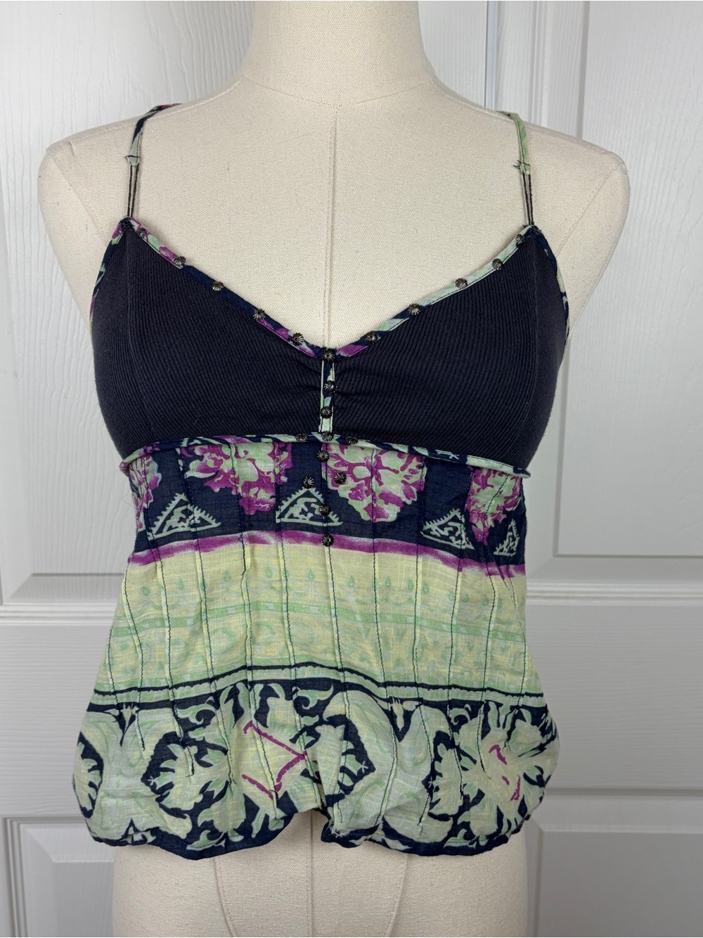 Free people Floral Print Spaghetti Strap Tank Top - Black & Green
